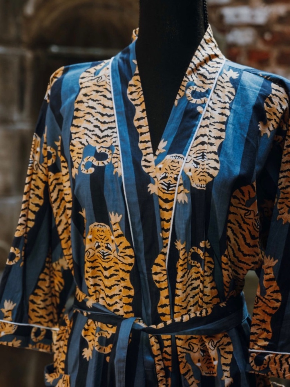 Blue Tiger Print Kimono Robe Cotton Lounge Robe Unisex One Size